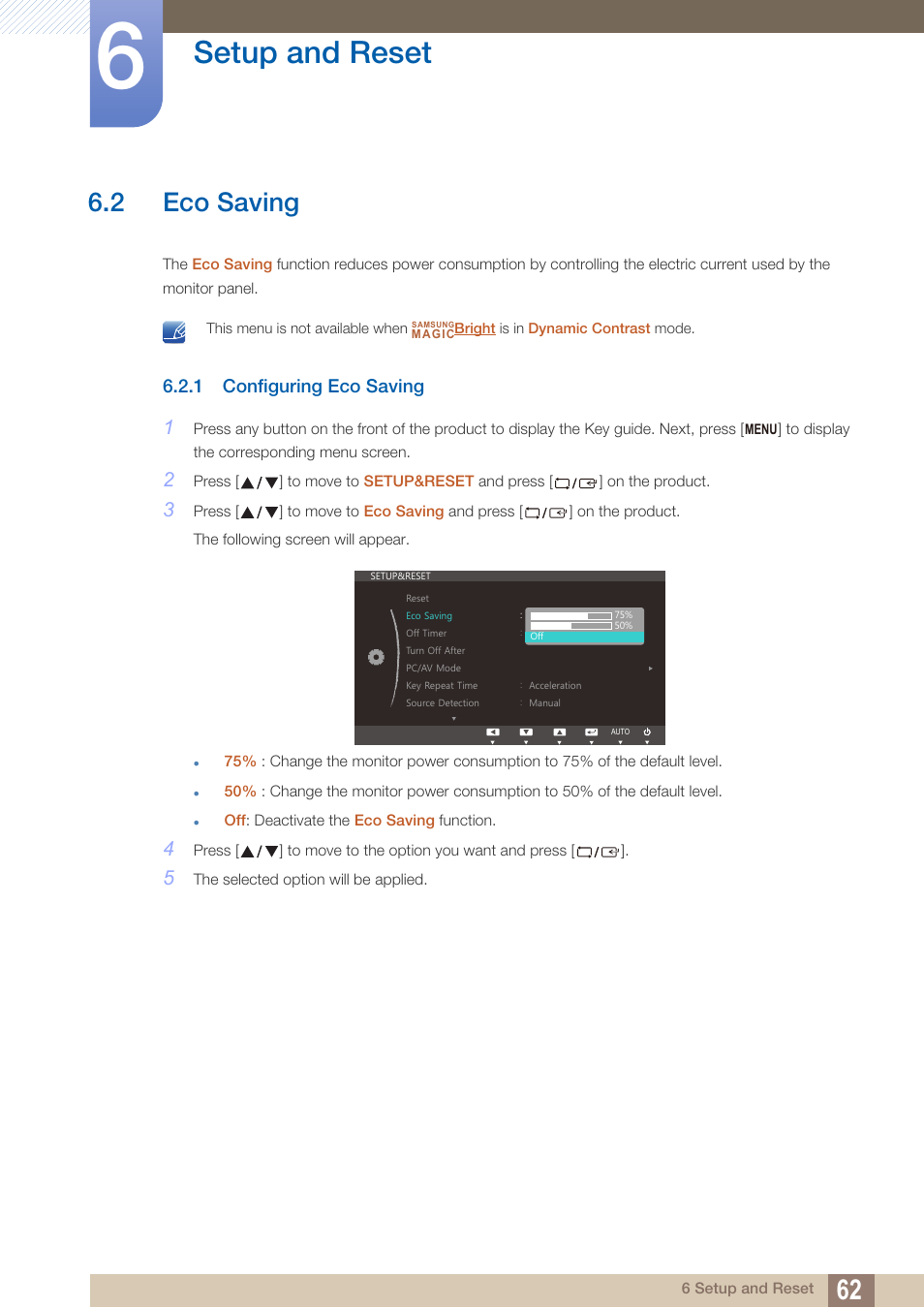 2 eco saving, 1 configuring eco saving, Eco saving | Configuring eco saving, Setup and reset | Samsung LS24C750PS-ZA User Manual | Page 62 / 97