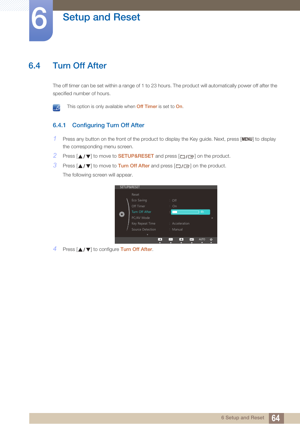 4 turn off after, 1 configuring turn off after, Turn off after | Configuring turn off after, Setup and reset | Samsung LS24C750PS-ZA User Manual | Page 64 / 97