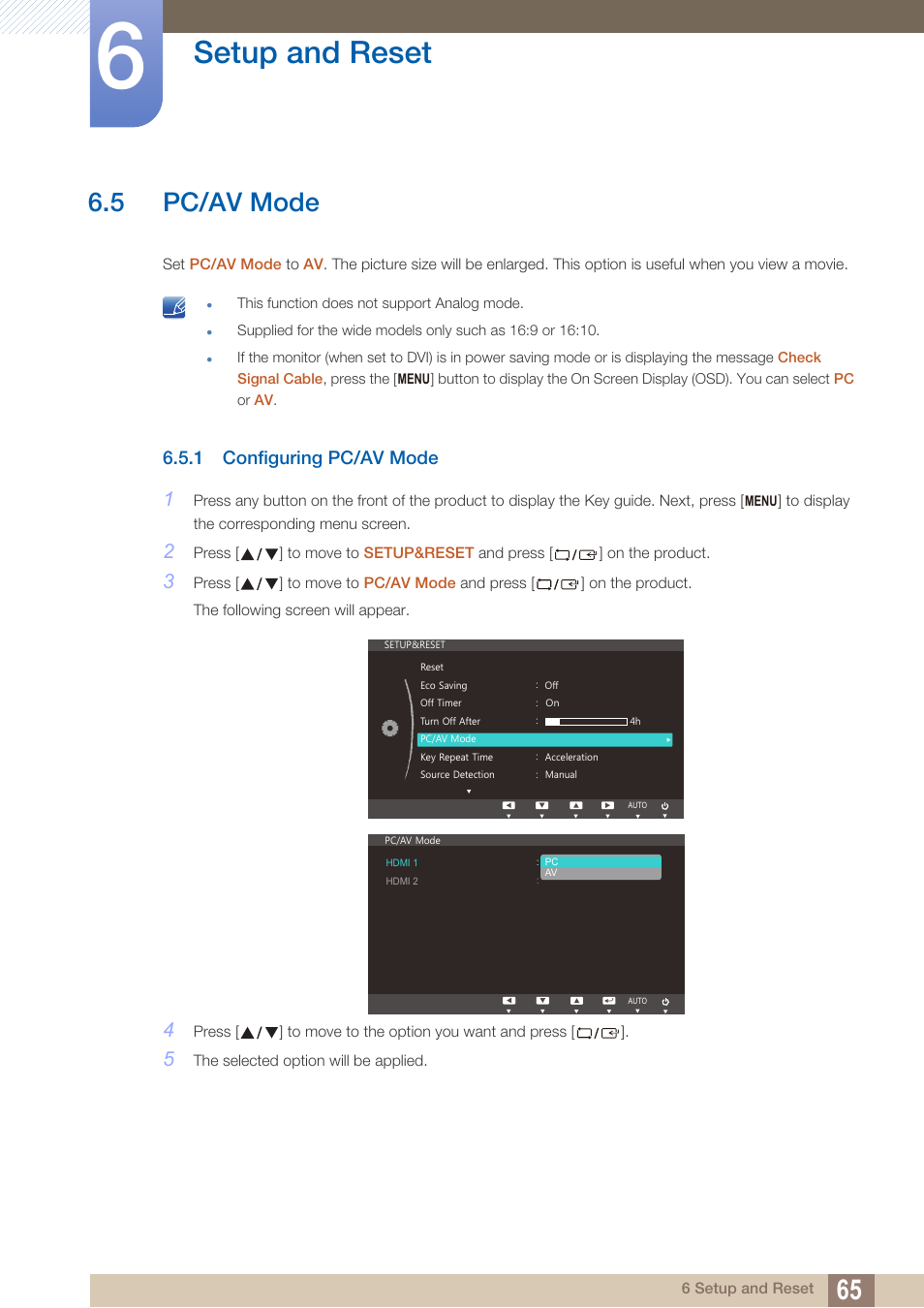 5 pc/av mode, 1 configuring pc/av mode, Pc/av mode | Configuring pc/av mode, Setup and reset | Samsung LS24C750PS-ZA User Manual | Page 65 / 97