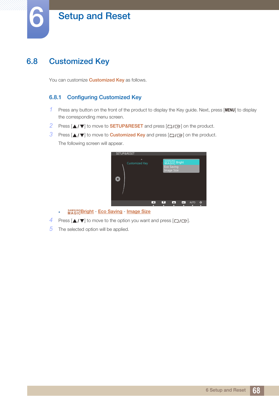 8 customized key, 1 configuring customized key, Customized key | Configuring customized key, And select the mode you want, Setup and reset | Samsung LS24C750PS-ZA User Manual | Page 68 / 97