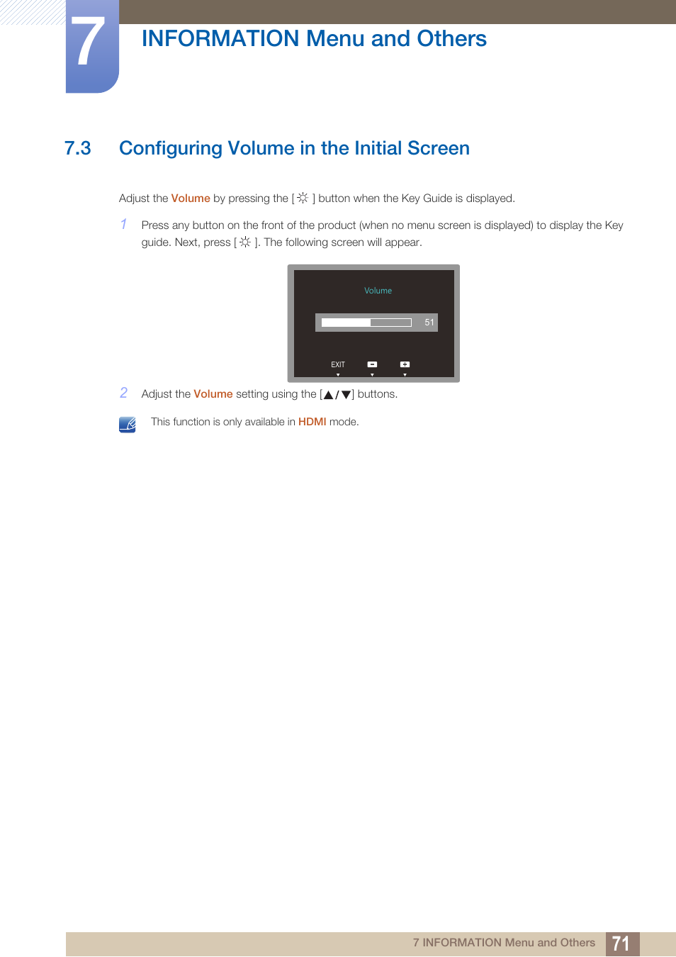 3 configuring volume in the initial screen, Configuring volume in the initial screen, Information menu and others | Samsung LS24C750PS-ZA User Manual | Page 71 / 97