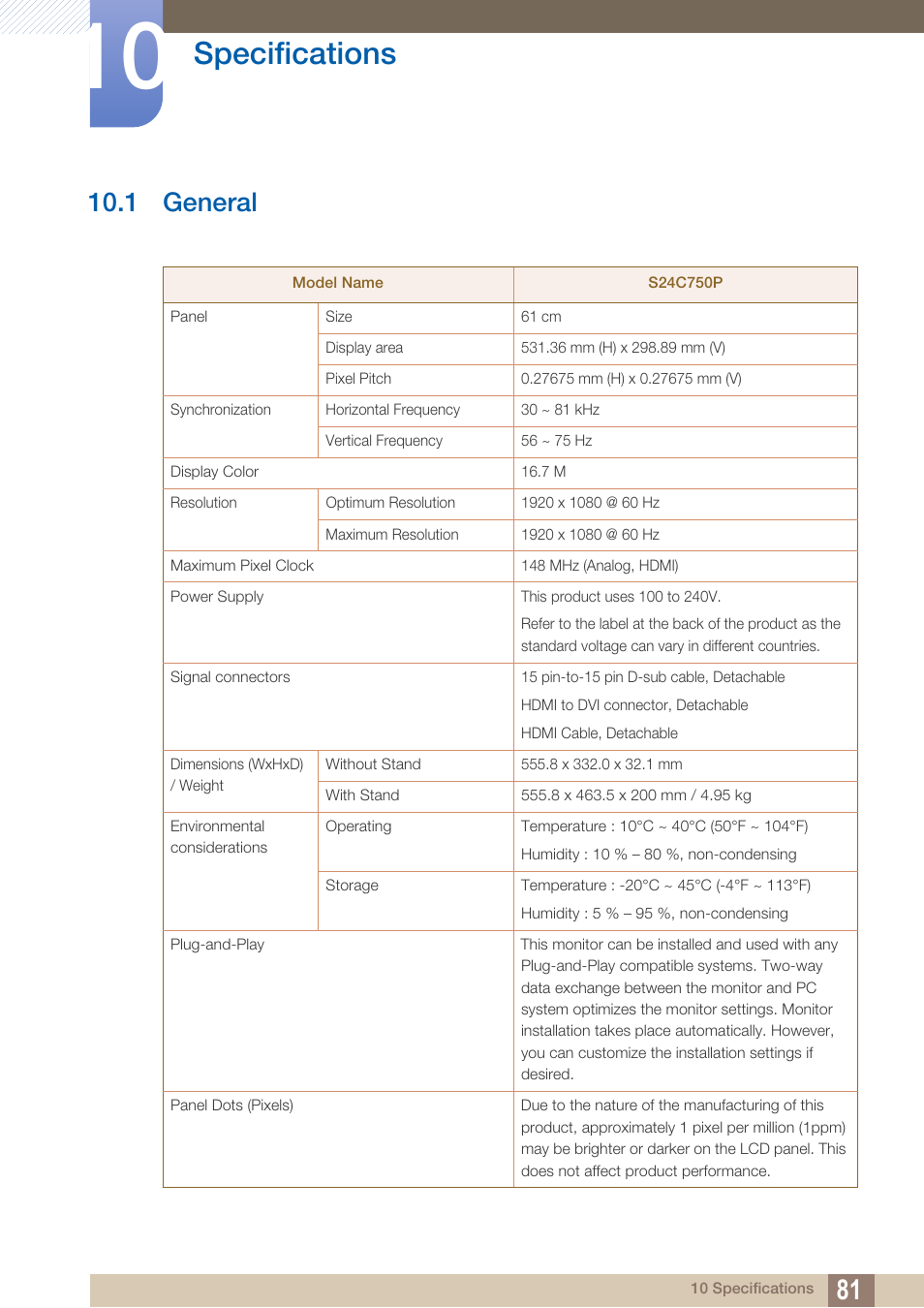 Specifications, 1 general, General | 1 general") | Samsung LS24C750PS-ZA User Manual | Page 81 / 97