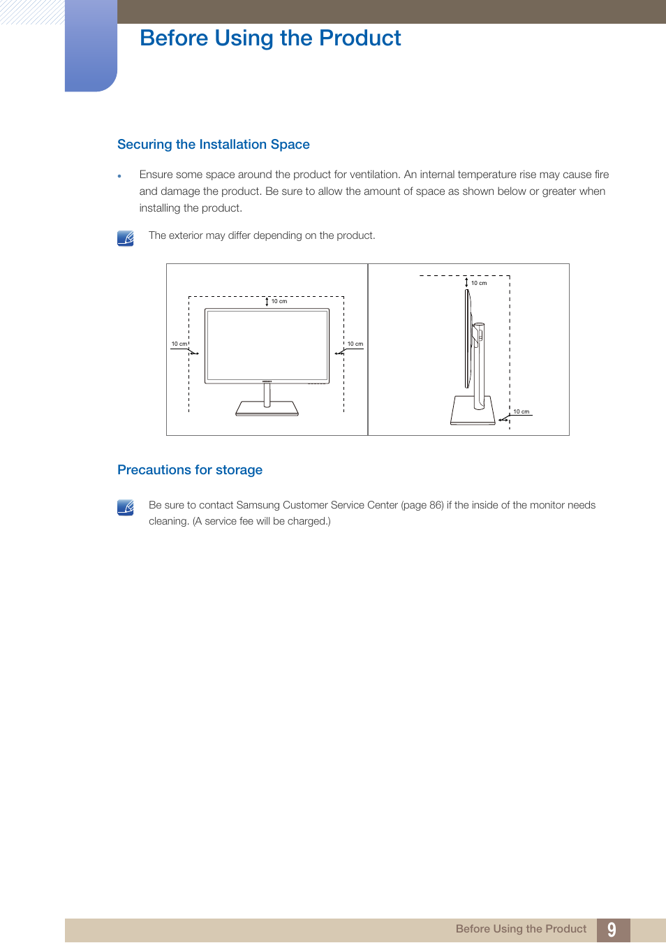 Securing the installation space, Precautions for storage, Before using the product | Samsung LS24C750PS-ZA User Manual | Page 9 / 97