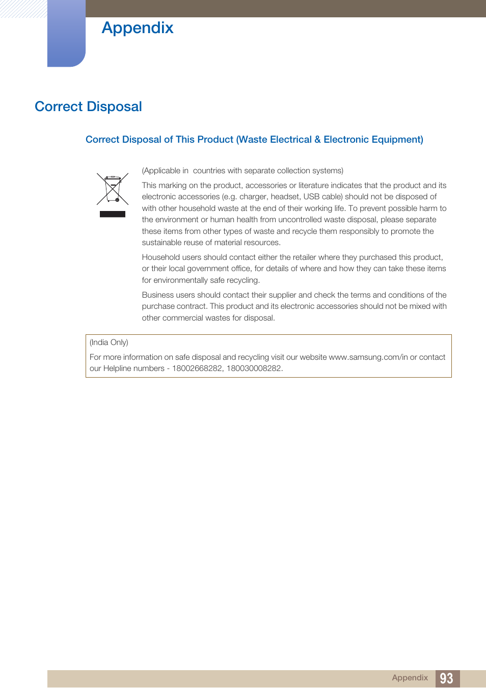 Correct disposal, Appendix | Samsung LS24C750PS-ZA User Manual | Page 93 / 97