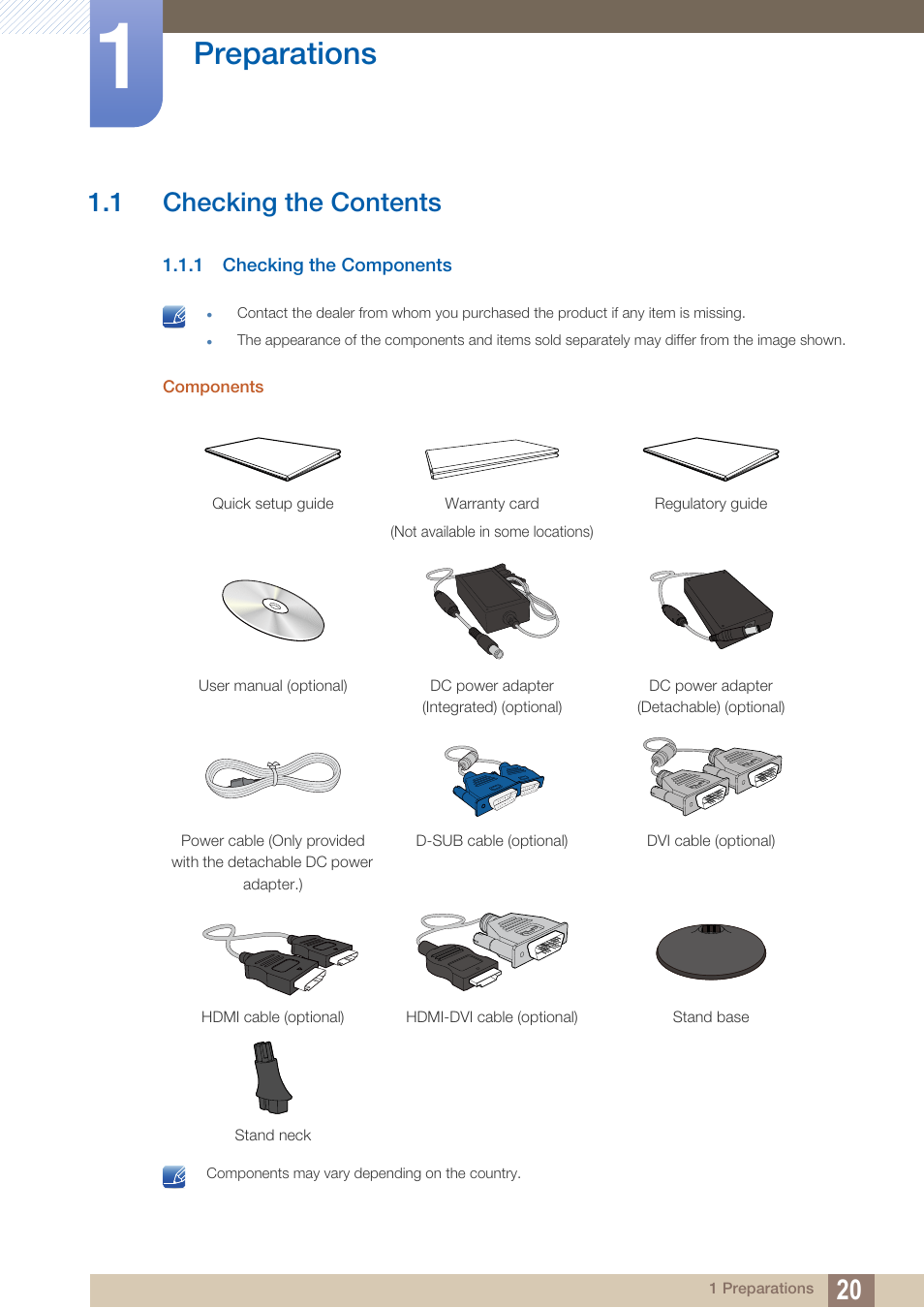 Preparations, 1 checking the contents, 1 checking the components | Checking the contents, Checking the components | Samsung LS22D300NY-ZA User Manual | Page 20 / 120
