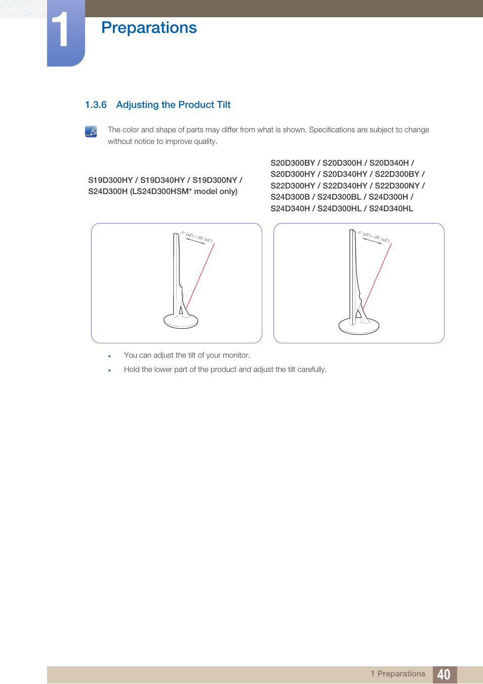 6 adjusting the product tilt, Adjusting the product tilt, Preparations | Samsung LS22D300NY-ZA User Manual | Page 40 / 120
