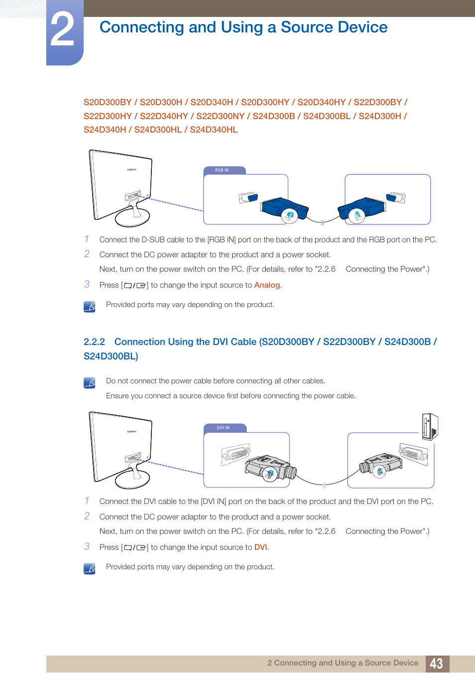 Connecting and using a source device | Samsung LS22D300NY-ZA User Manual | Page 43 / 120
