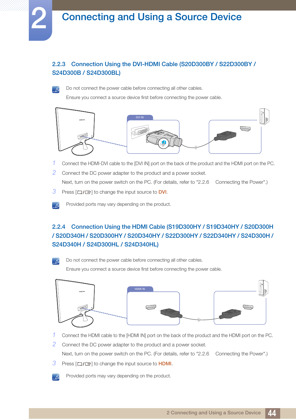 Connecting and using a source device | Samsung LS22D300NY-ZA User Manual | Page 44 / 120