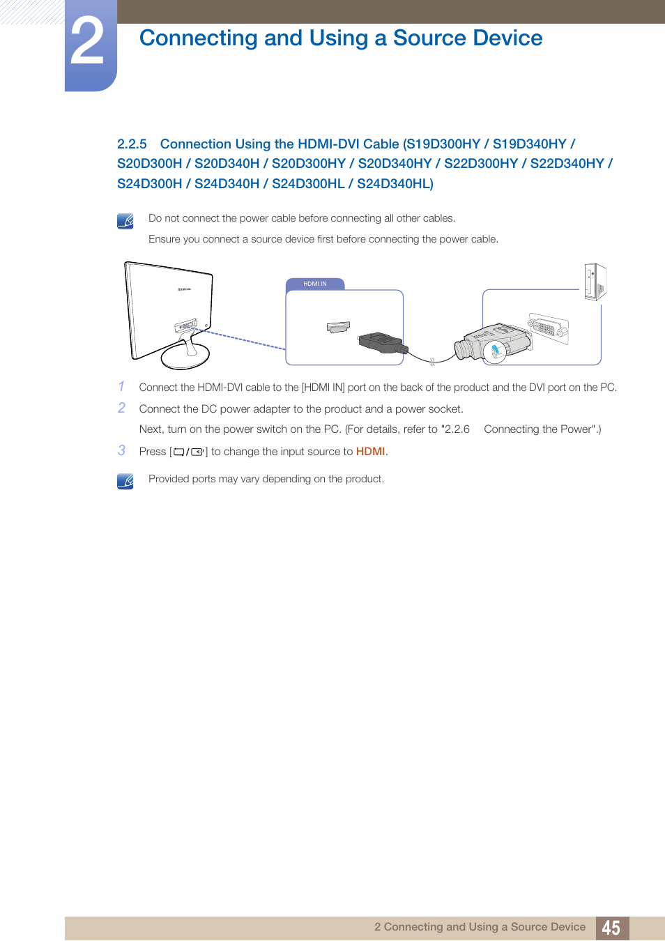 Connecting and using a source device | Samsung LS22D300NY-ZA User Manual | Page 45 / 120