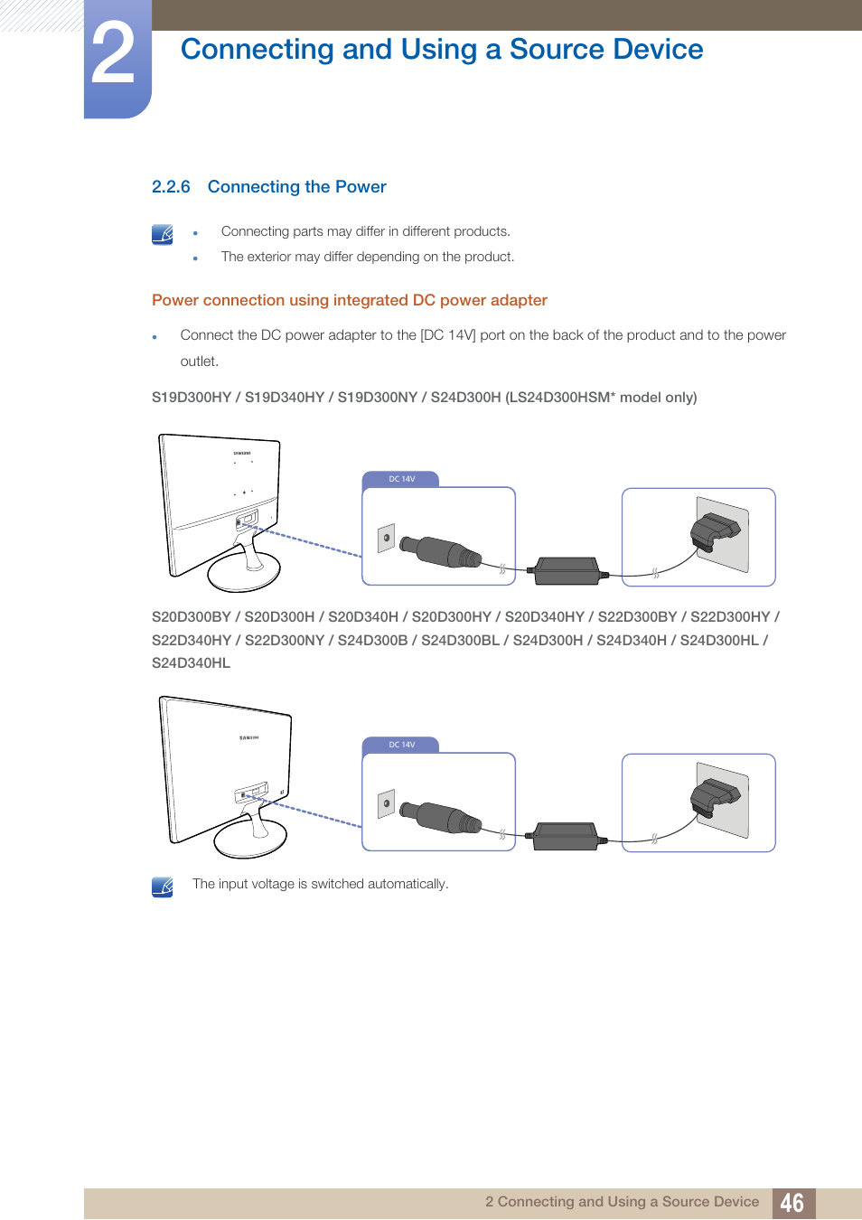 6 connecting the power, Connecting the power, Connecting the power".) | Connecting and using a source device | Samsung LS22D300NY-ZA User Manual | Page 46 / 120