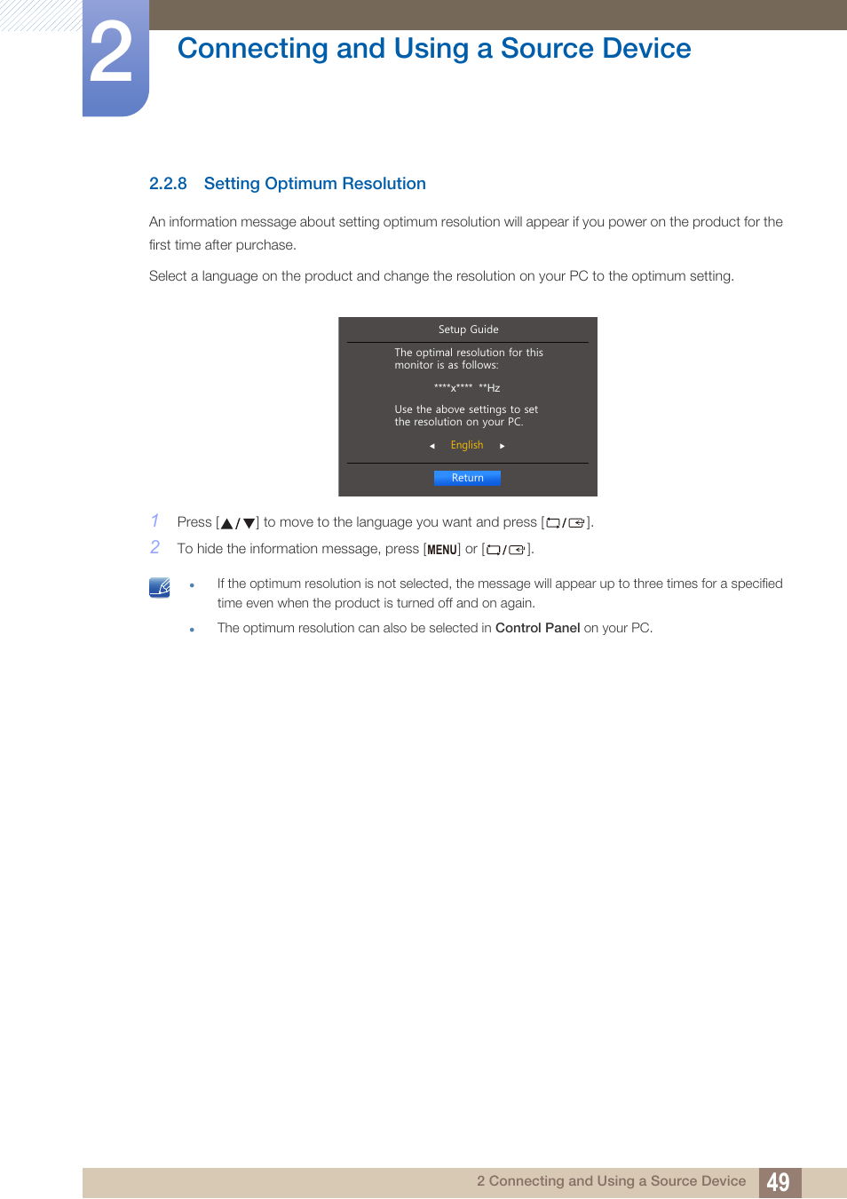 8 setting optimum resolution, Setting optimum resolution, Connecting and using a source device | Samsung LS22D300NY-ZA User Manual | Page 49 / 120