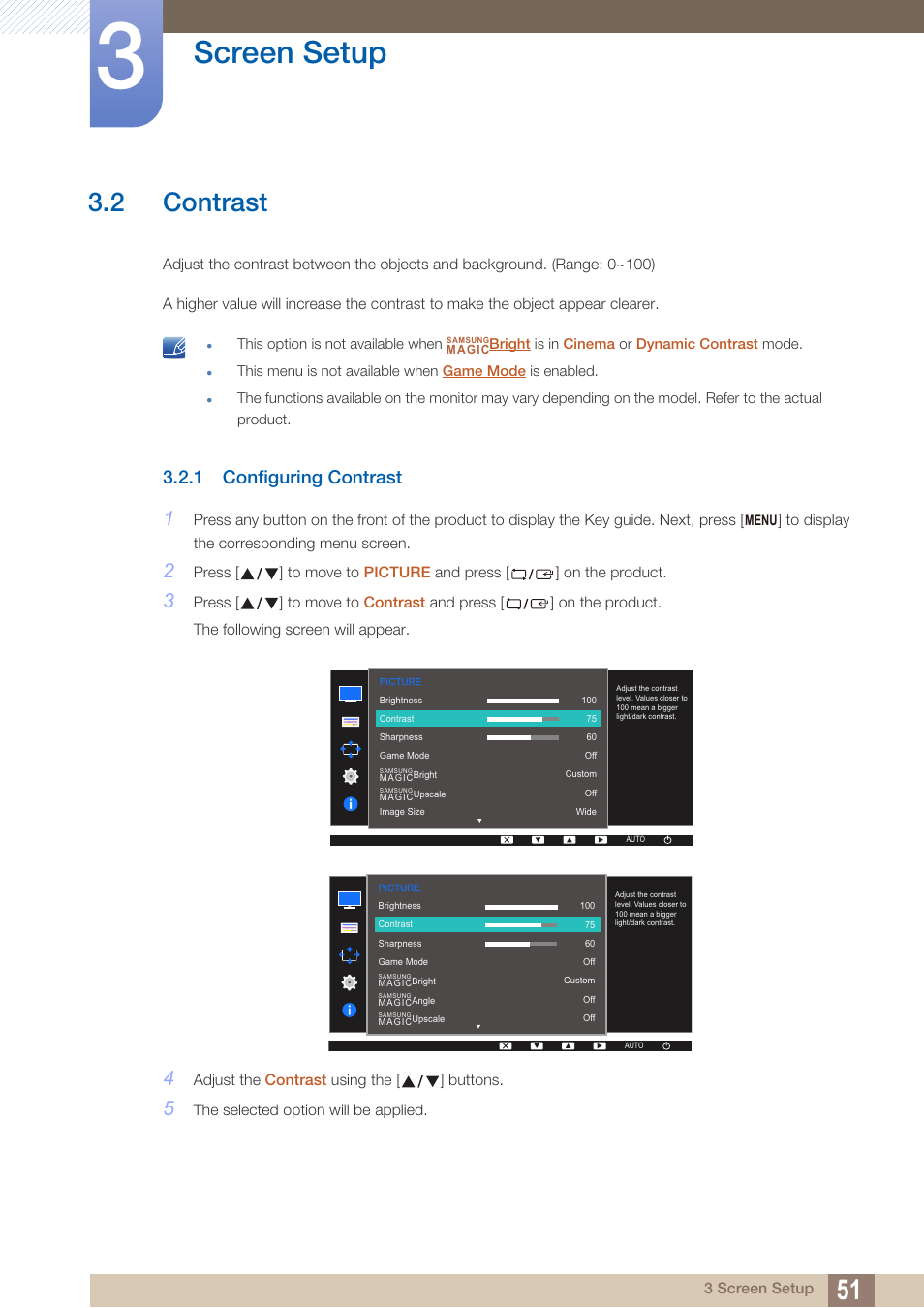 2 contrast, 1 configuring contrast, Contrast | Configuring contrast, Can be, Screen setup | Samsung LS22D300NY-ZA User Manual | Page 51 / 120