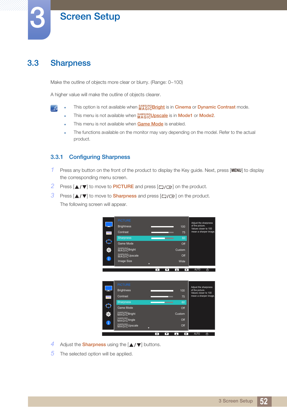 3 sharpness, 1 configuring sharpness, Sharpness | Configuring sharpness, Screen setup | Samsung LS22D300NY-ZA User Manual | Page 52 / 120