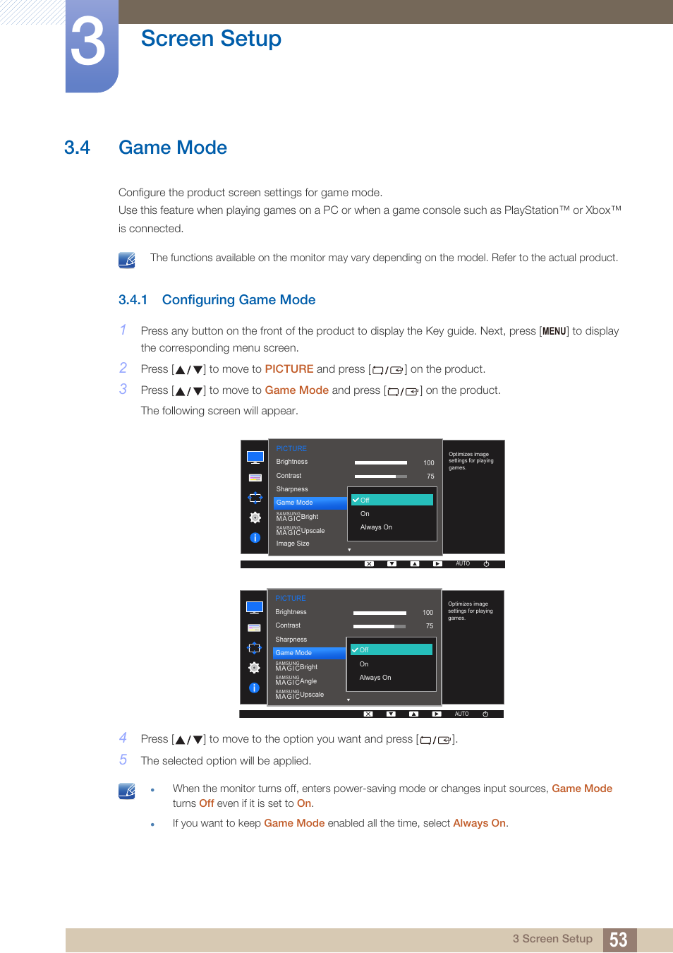 4 game mode, 1 configuring game mode, Game mode | Configuring game mode, Screen setup | Samsung LS22D300NY-ZA User Manual | Page 53 / 120