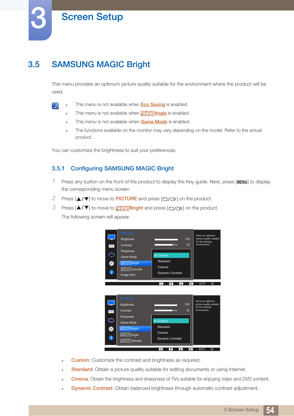 5 samsung magic bright, 1 configuring samsung magic bright, Samsung magic bright | Configuring samsung magic bright, Bright, Samsung, Magic, Is set to, Is i, Screen setup | Samsung LS22D300NY-ZA User Manual | Page 54 / 120
