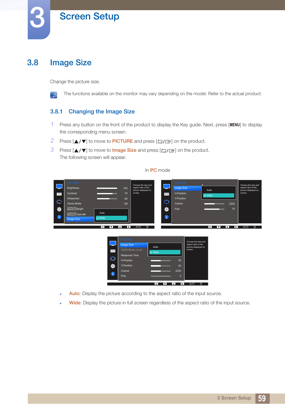 8 image size, 1 changing the image size, Image size | Changing the image size, Screen setup | Samsung LS22D300NY-ZA User Manual | Page 59 / 120