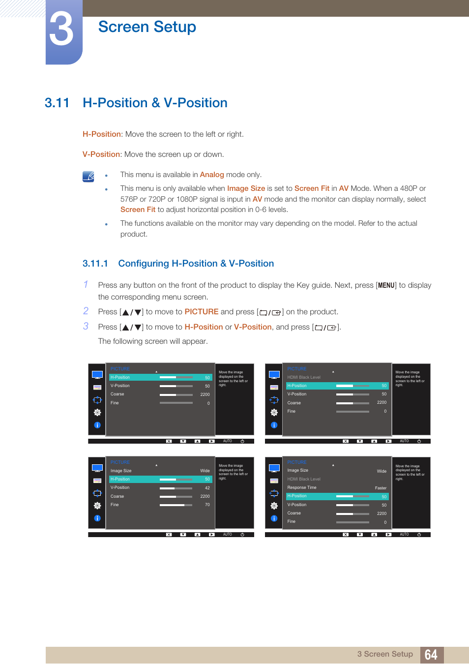 11 h-position & v-position, 1 configuring h-position & v-position, H-position & v-position | Configuring h-position & v-position, Screen setup | Samsung LS22D300NY-ZA User Manual | Page 64 / 120