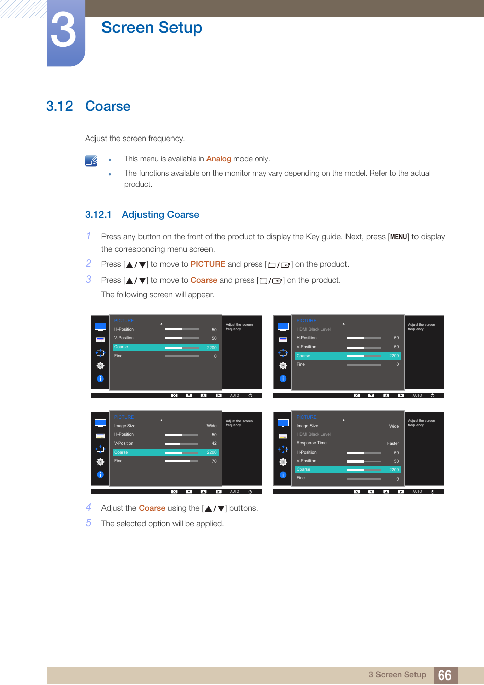 12 coarse, 1 adjusting coarse, Coarse | Adjusting coarse, Screen setup | Samsung LS22D300NY-ZA User Manual | Page 66 / 120
