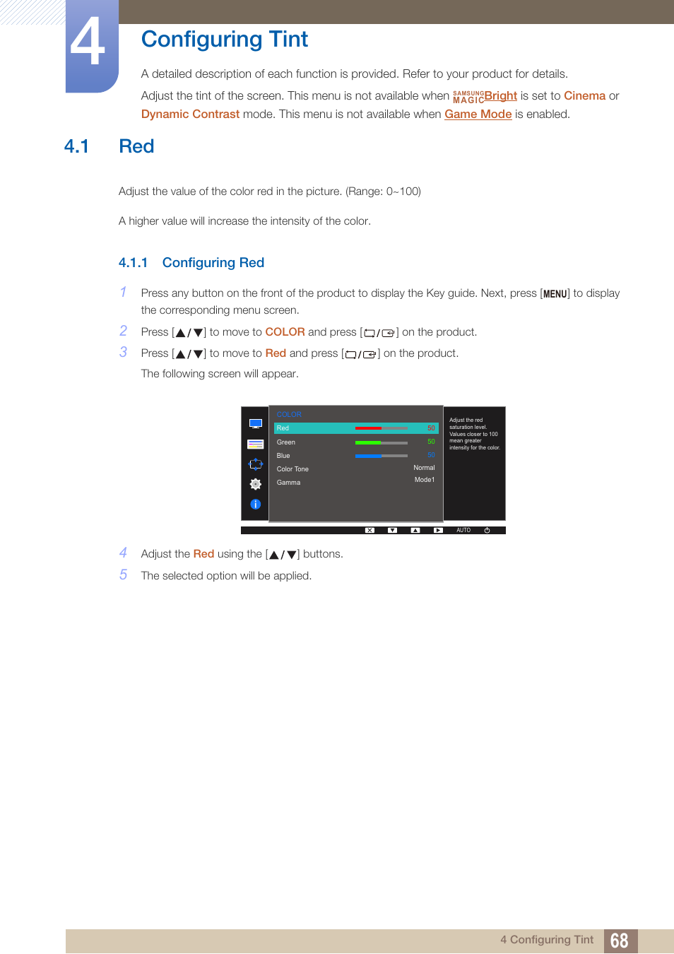 Configuring tint, 1 red, 1 configuring red | Configuring red | Samsung LS22D300NY-ZA User Manual | Page 68 / 120