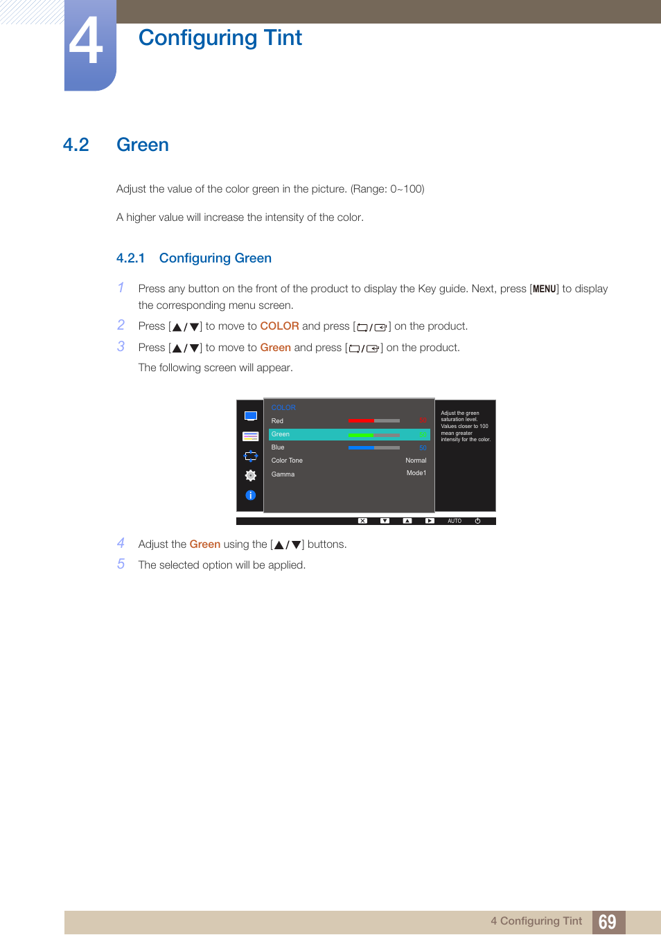 2 green, 1 configuring green, Green | Configuring green, Configuring tint | Samsung LS22D300NY-ZA User Manual | Page 69 / 120