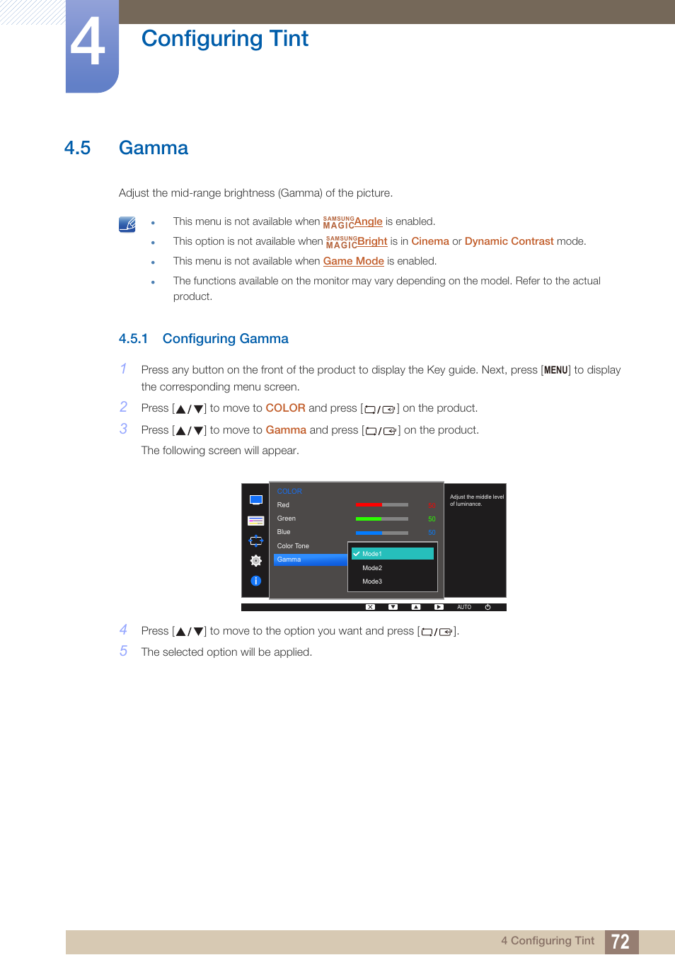 5 gamma, 1 configuring gamma, Gamma | Configuring gamma, Configuring tint | Samsung LS22D300NY-ZA User Manual | Page 72 / 120