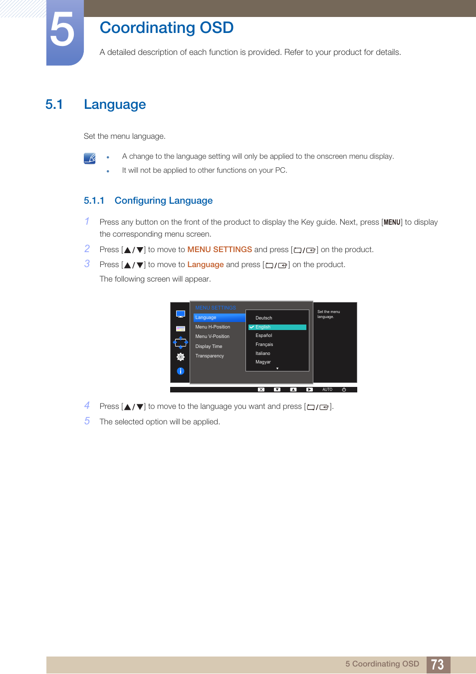 Coordinating osd, 1 language, 1 configuring language | Language, Configuring language | Samsung LS22D300NY-ZA User Manual | Page 73 / 120