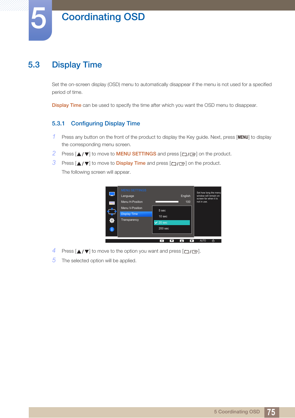 3 display time, 1 configuring display time, Display time | Configuring display time, Coordinating osd | Samsung LS22D300NY-ZA User Manual | Page 75 / 120