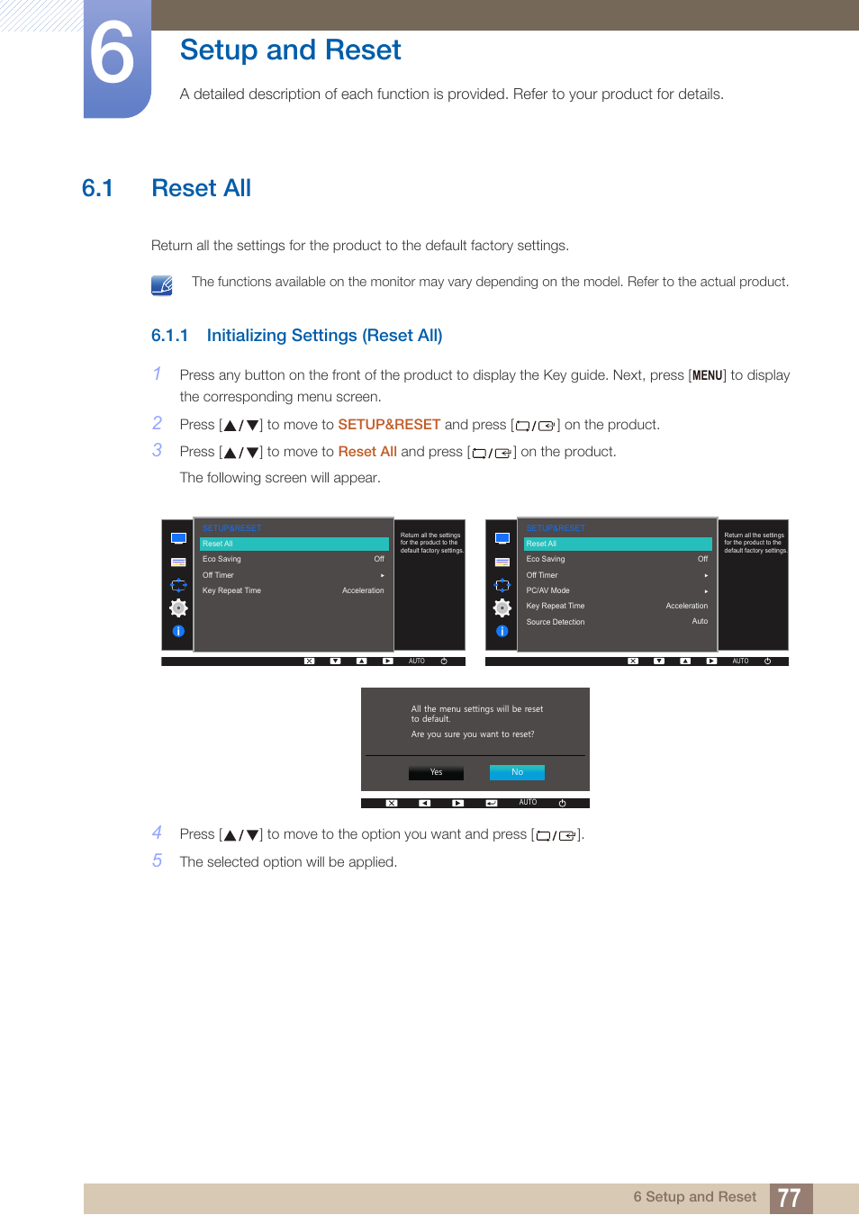 Setup and reset, 1 reset all, 1 initializing settings (reset all) | Reset all, Initializing settings (reset all) | Samsung LS22D300NY-ZA User Manual | Page 77 / 120