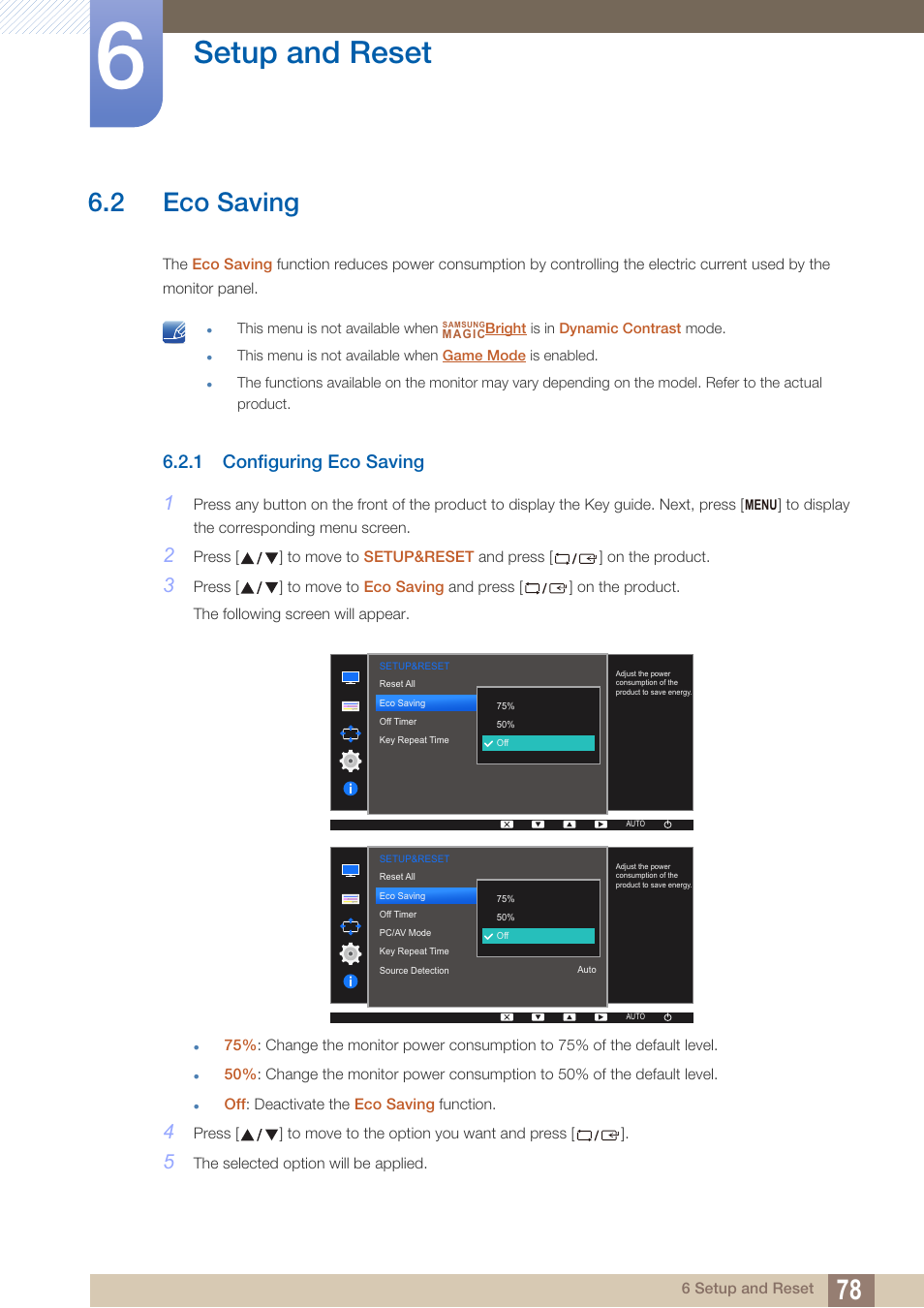 2 eco saving, 1 configuring eco saving, Eco saving | Configuring eco saving, Setup and reset | Samsung LS22D300NY-ZA User Manual | Page 78 / 120