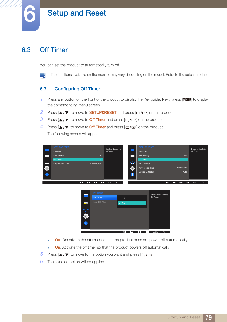 3 off timer, 1 configuring off timer, Off timer | Configuring off timer, Setup and reset | Samsung LS22D300NY-ZA User Manual | Page 79 / 120