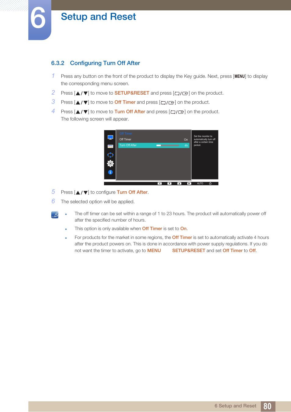2 configuring turn off after, Configuring turn off after, Setup and reset | Samsung LS22D300NY-ZA User Manual | Page 80 / 120
