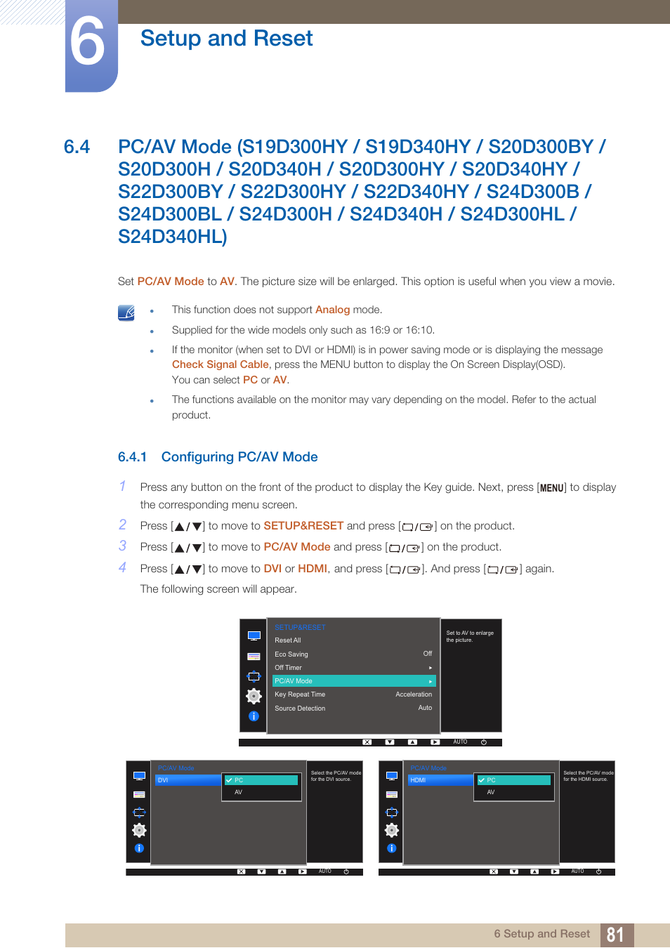 1 configuring pc/av mode, Configuring pc/av mode, Pc/av mode | Is set to, Setup and reset | Samsung LS22D300NY-ZA User Manual | Page 81 / 120