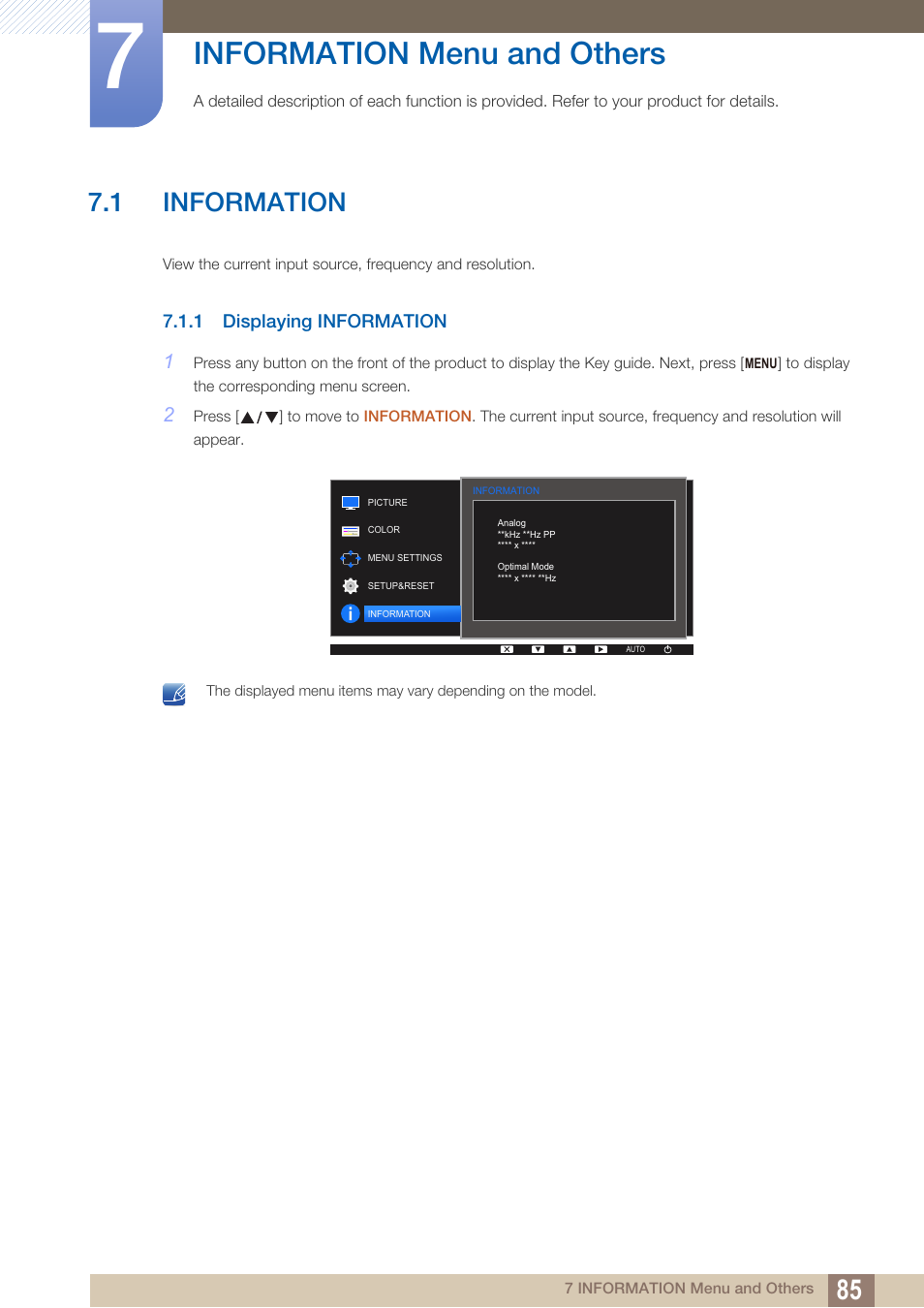 Information menu and others, 1 information, 1 displaying information | Information menu and, Others, Information, Displaying information | Samsung LS22D300NY-ZA User Manual | Page 85 / 120