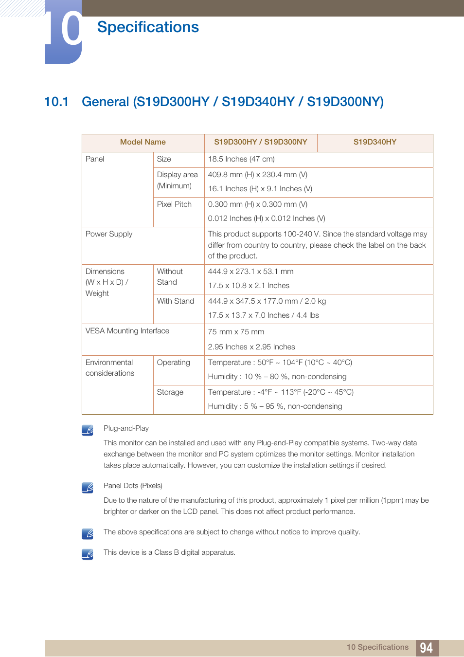 Specifications, 1 general (s19d300hy / s19d340hy / s19d300ny), General (s19d300hy / s19d340hy / s19d300ny) | Samsung LS22D300NY-ZA User Manual | Page 94 / 120