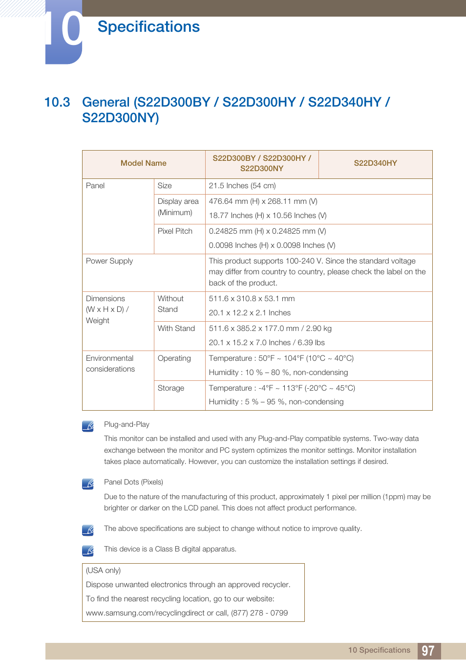 Specifications | Samsung LS22D300NY-ZA User Manual | Page 97 / 120