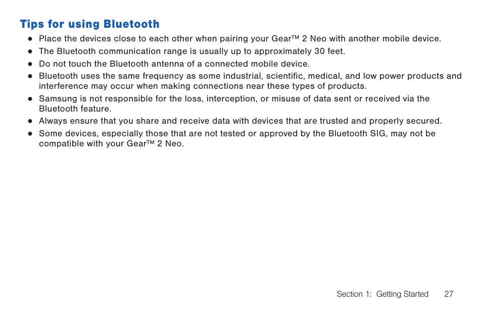 Tips for using bluetooth | Samsung SM-R3810ZOAXAR User Manual | Page 27 / 95