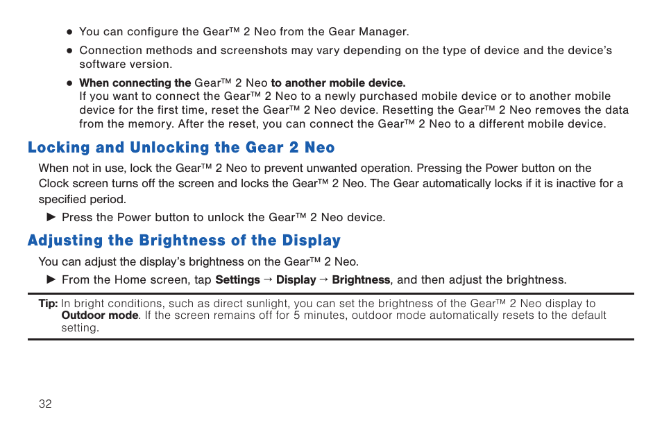 Locking and unlocking the gear 2 neo, Adjusting the brightness of the display | Samsung SM-R3810ZOAXAR User Manual | Page 32 / 95