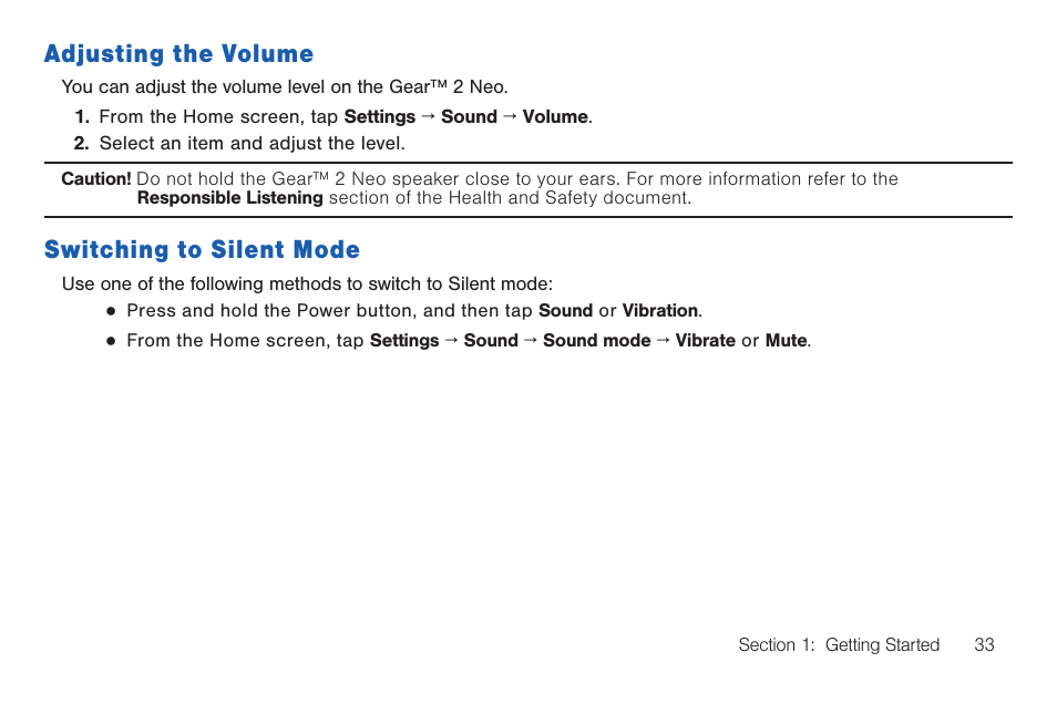 Adjusting the volume, Switching to silent mode | Samsung SM-R3810ZOAXAR User Manual | Page 33 / 95