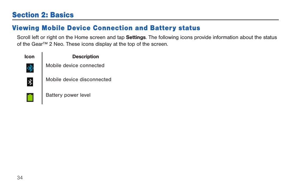 Section 2: basics, Viewing mobile device connection and, Battery status | Samsung SM-R3810ZOAXAR User Manual | Page 34 / 95