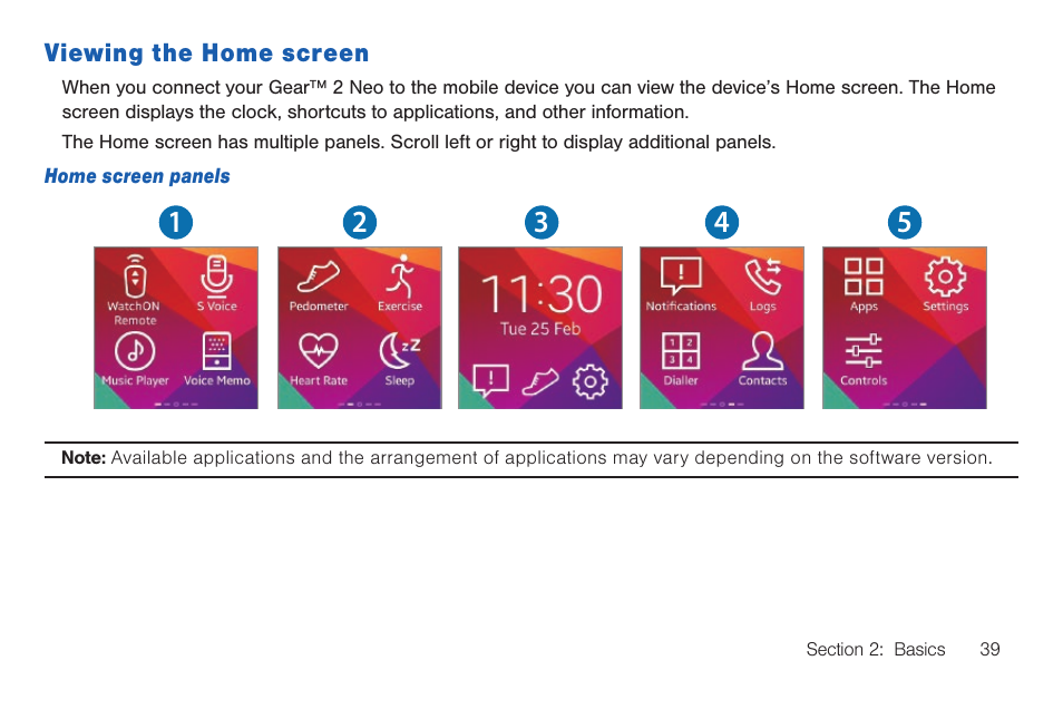 Viewing the home screen | Samsung SM-R3810ZOAXAR User Manual | Page 39 / 95