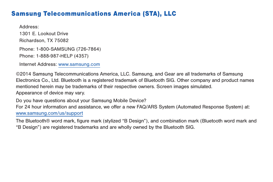 Samsung telecommunications america (sta), llc | Samsung SM-R3810ZOAXAR User Manual | Page 4 / 95