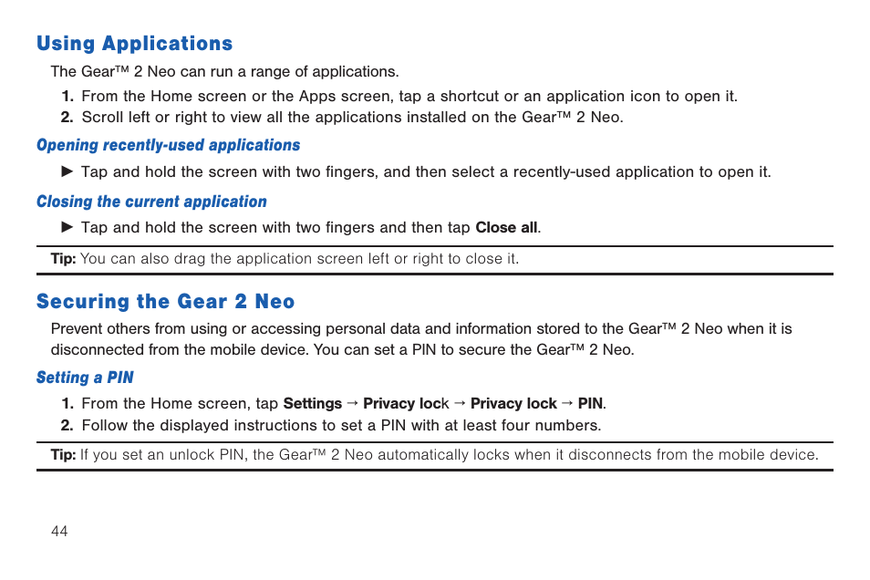 Using applications, Securing the gear 2 neo, Using applications securing the gear 2 neo | Samsung SM-R3810ZOAXAR User Manual | Page 44 / 95