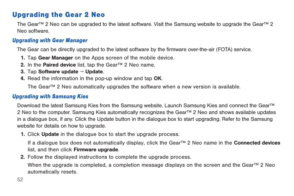 Upgrading the gear 2 neo | Samsung SM-R3810ZOAXAR User Manual | Page 52 / 95