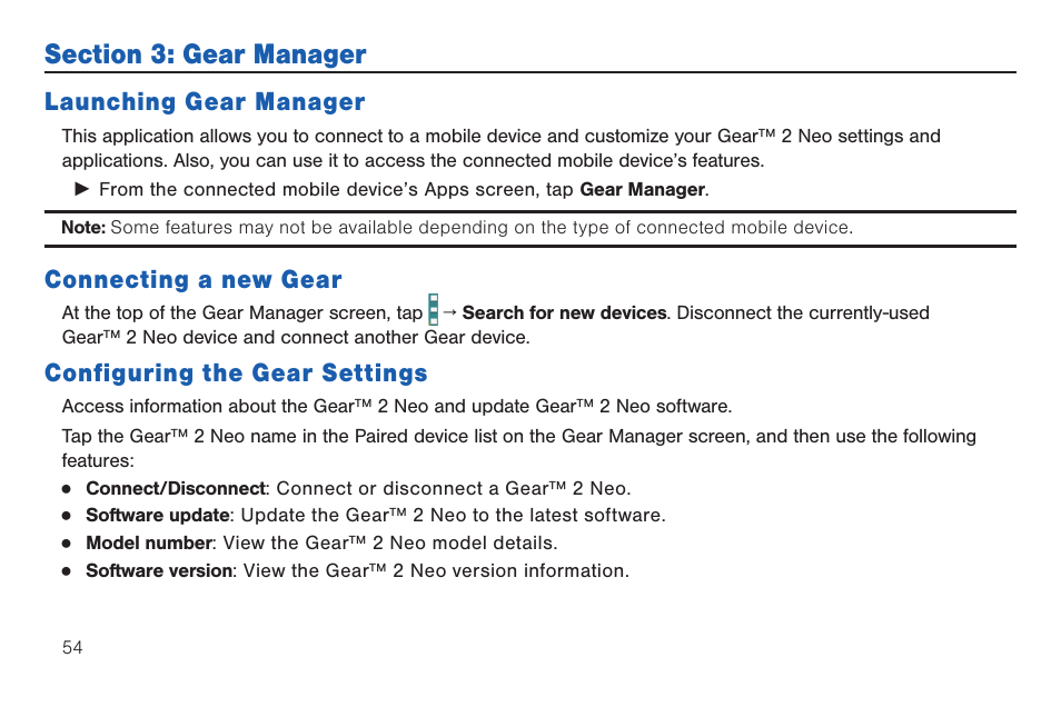 Section 3: gear manager, Launching gear manager, Connecting a new gear | Configuring the gear settings | Samsung SM-R3810ZOAXAR User Manual | Page 54 / 95