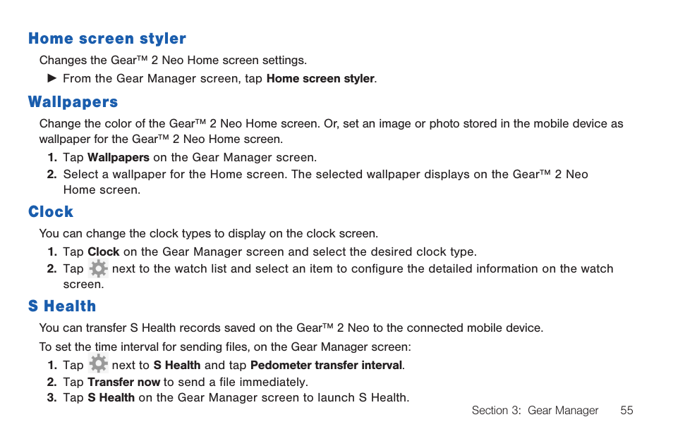 Home screen styler, Wallpapers, Clock | S health, Home screen styler wallpapers, Clock s health | Samsung SM-R3810ZOAXAR User Manual | Page 55 / 95