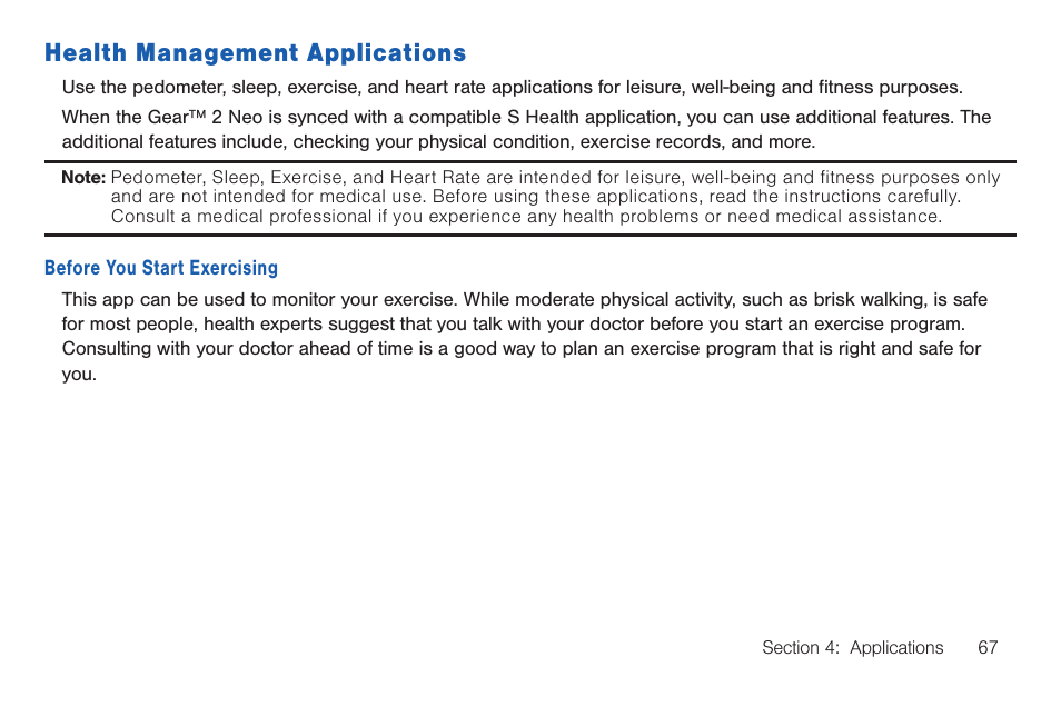 Health management applications | Samsung SM-R3810ZOAXAR User Manual | Page 67 / 95