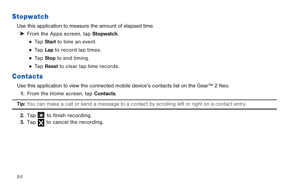 Stopwatch, Contacts, Stopwatch contacts | Samsung SM-R3810ZOAXAR User Manual | Page 84 / 95