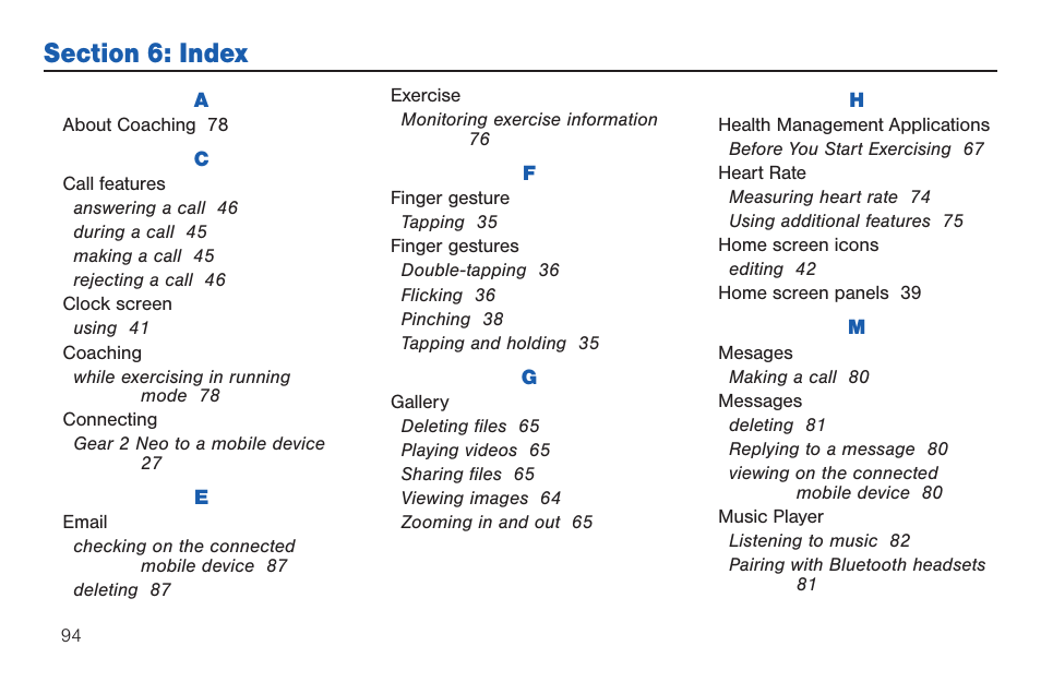 Section 6: index | Samsung SM-R3810ZOAXAR User Manual | Page 94 / 95