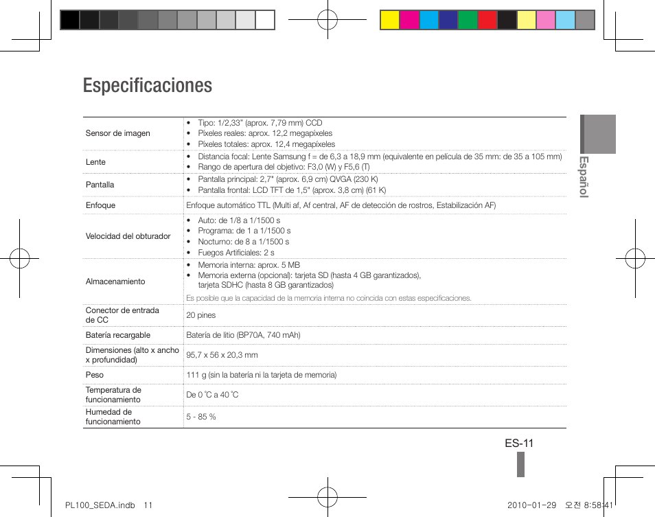 Especificaciones, Español, Es-11 | Samsung EC-PL100ZBPBPY User Manual | Page 21 / 36