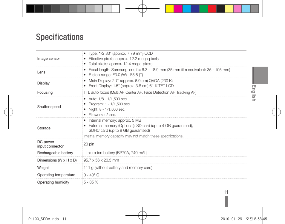 Specifications, English | Samsung EC-PL100ZBPBPY User Manual | Page 31 / 36